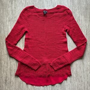 ✨ Lucky Brand Red Scoop Neck Long Sleeve Lace Peplum Waist Knit Sweater Sz Small